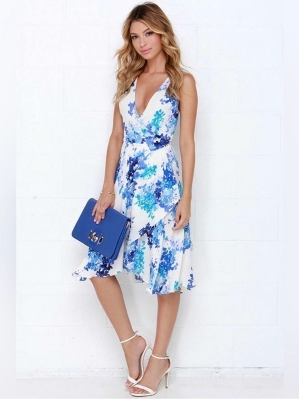 Lulus Paint Me a Picture Ivory Blue Watercolor Floral Garden Wrap Dress Small
